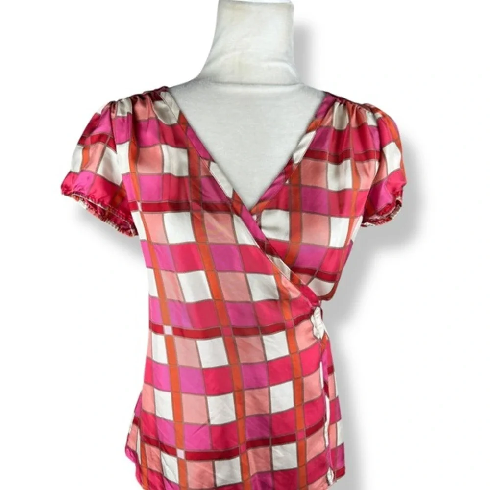 Banana Republic 100% Silk Wrap Top‎ Womens Size XS Y2K Retro Geometric Plaid
